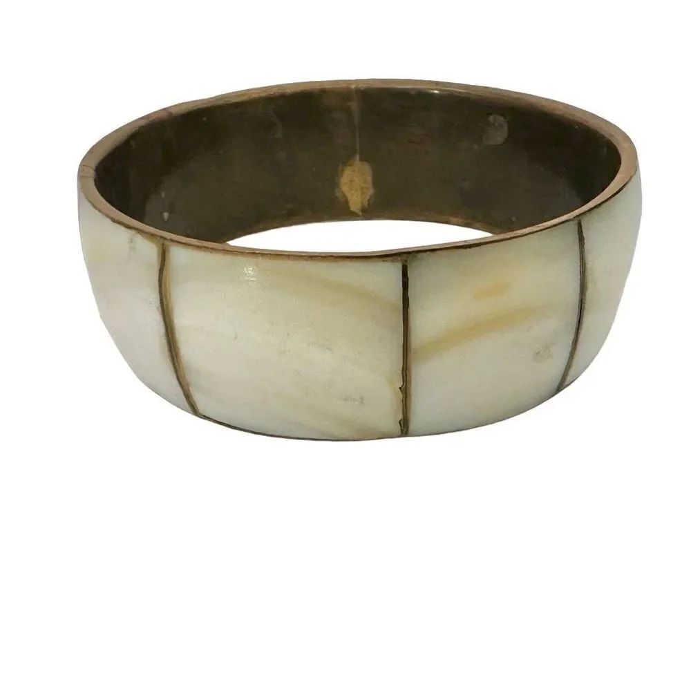 Vintage inlaid mother of pearl and brass bangle bracelet